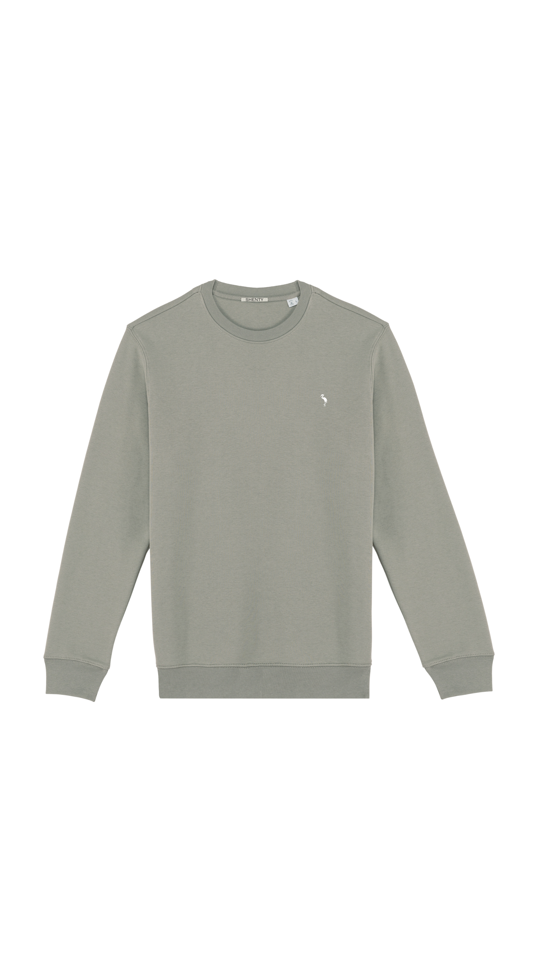 Felpa unisex girocollo, in cotone biologico verde mandorla, con logo Shenty stampato.