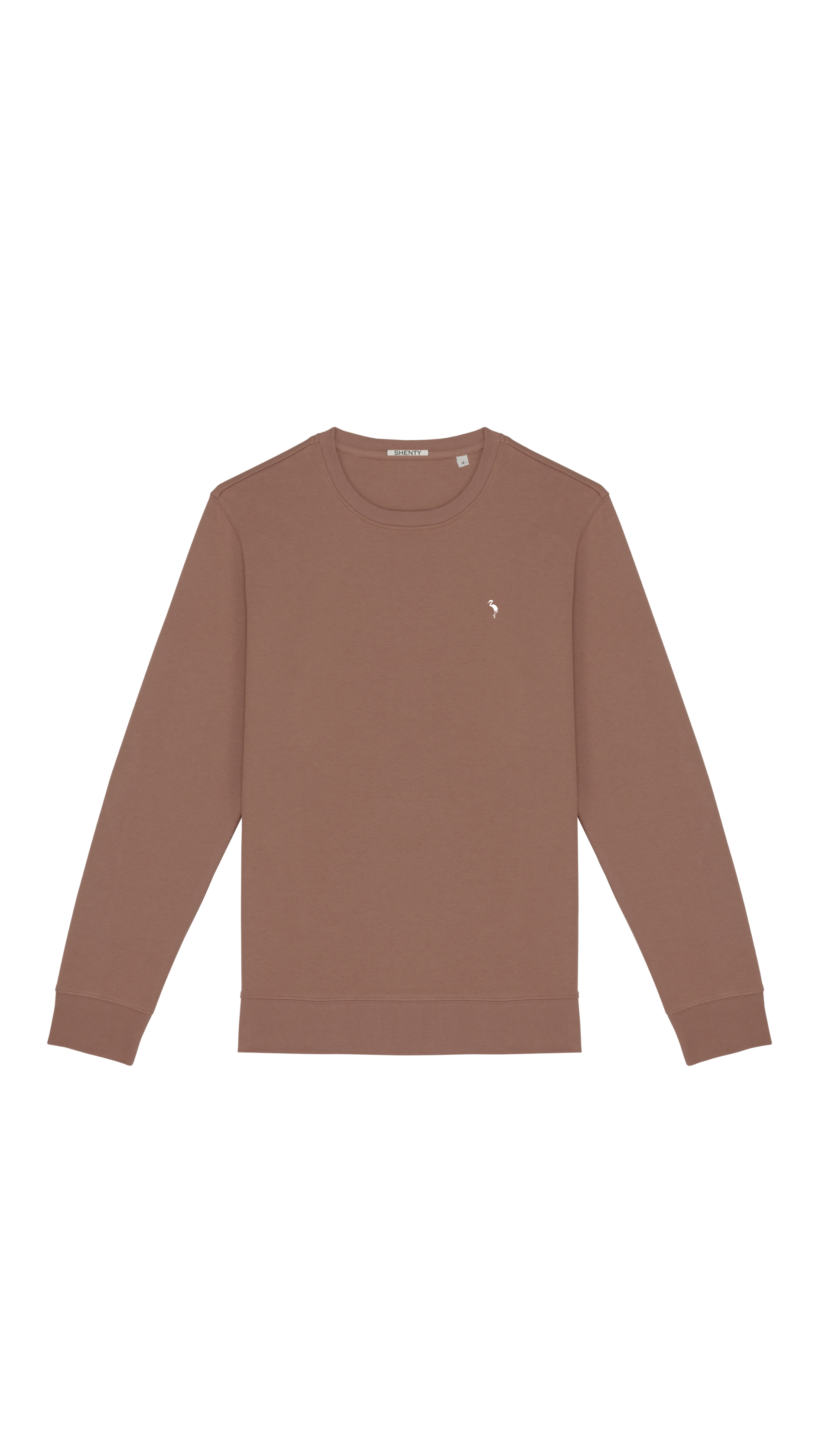 Felpa unisex girocollo, in cotone biologico terra di siena, con logo Shenty stampato.
