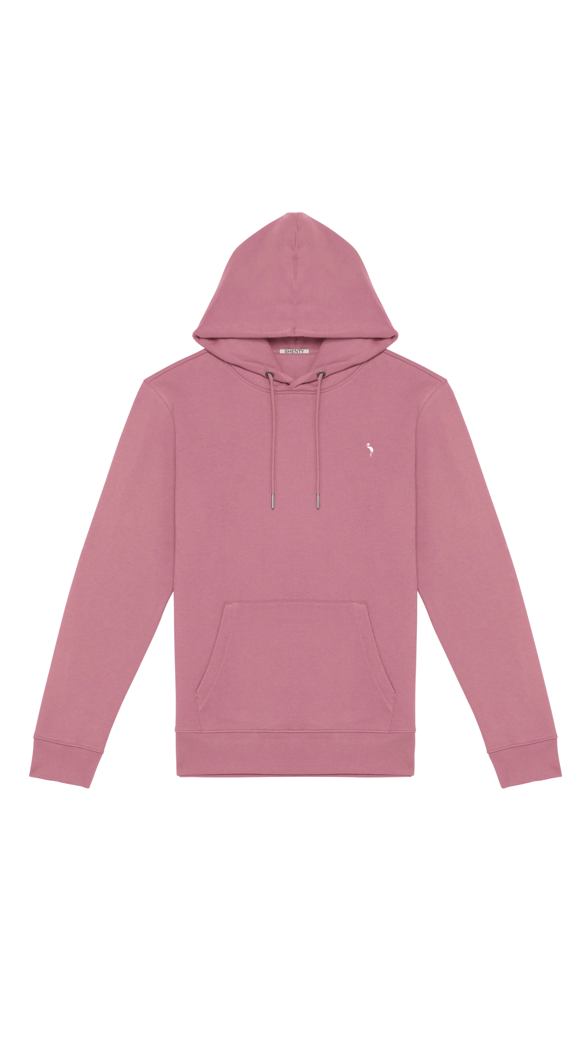 Felpa unisex con cappuccio, in cotone biologico rosa antico, con logo Shenty stampato.