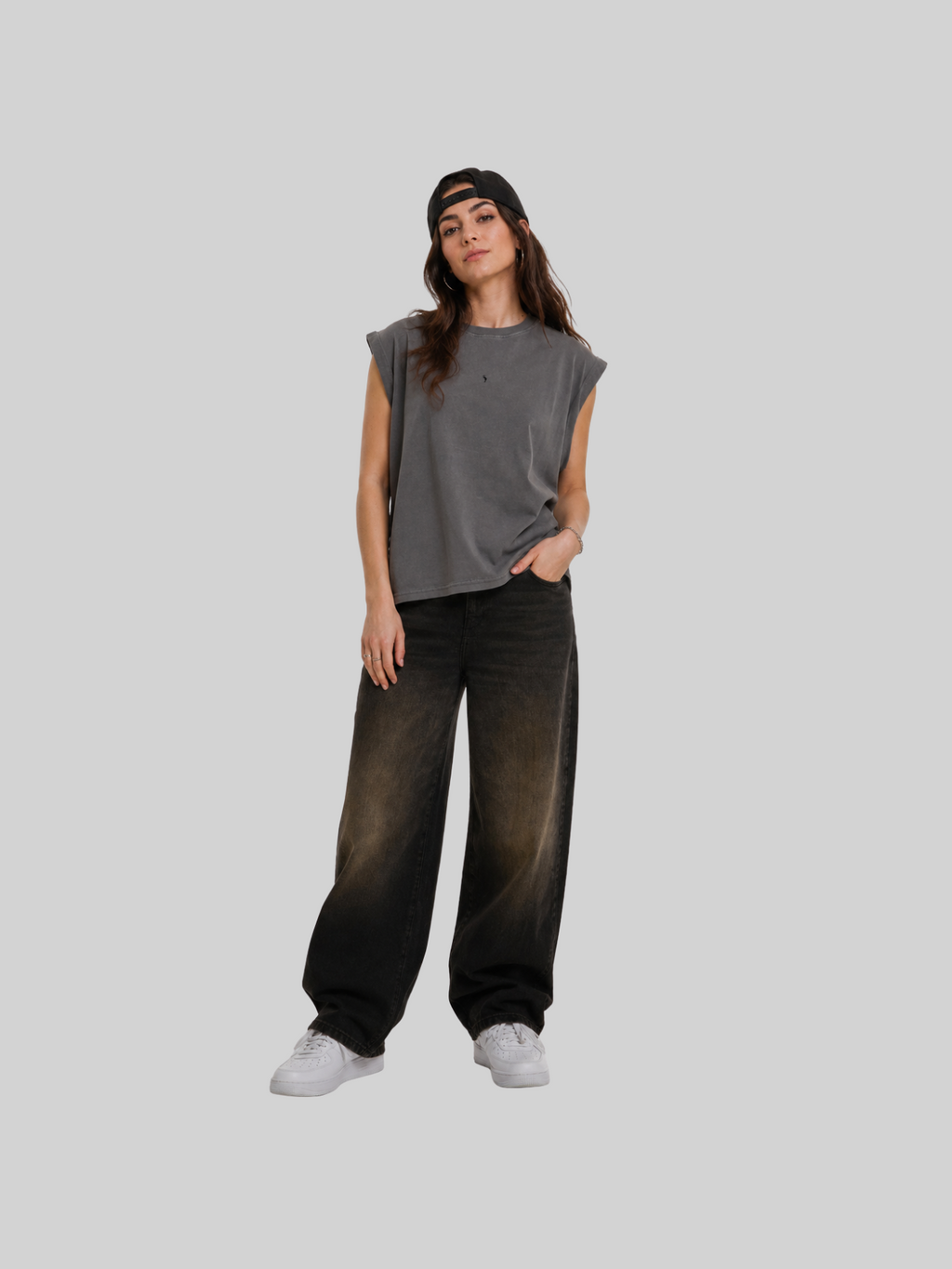 T-shirt Cropped  Bio senza maniche - Antracite Slavato
