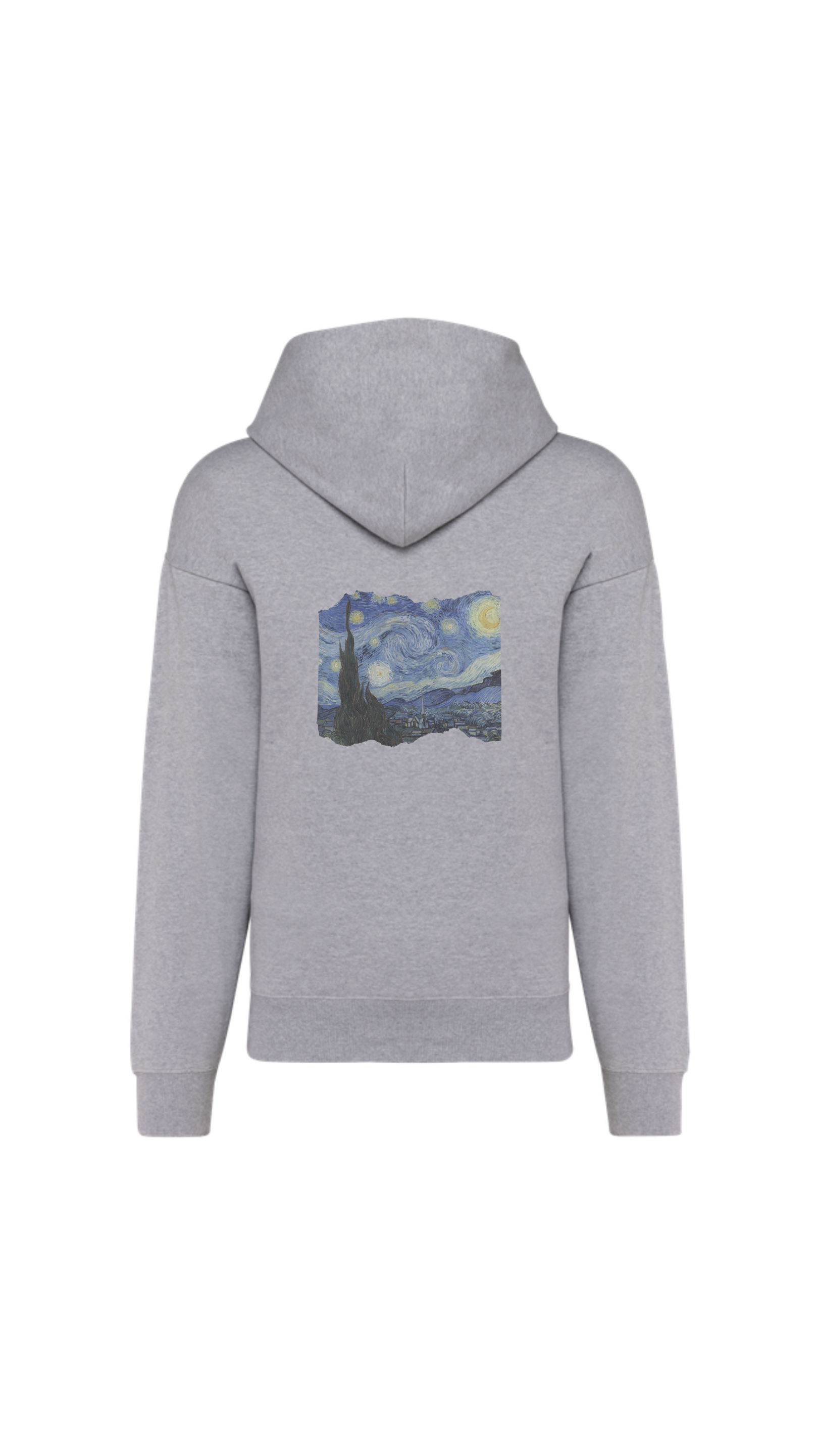 Vista posteriore della felpa eco-sostenibile con grafica di Van Gogh e tasca laterale con zip.